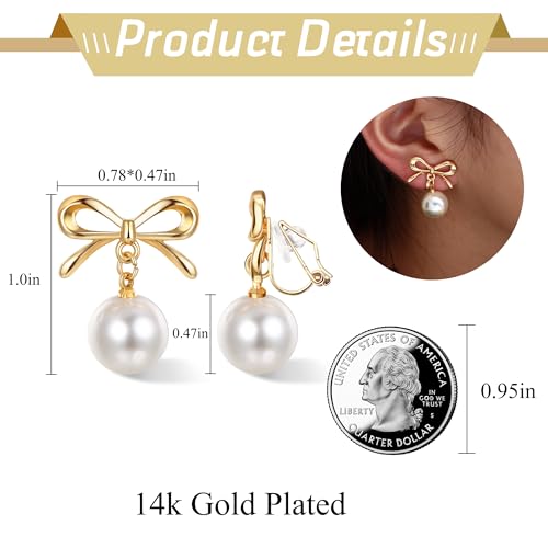 ORAZIO Clip On Earrings,Pearl Clip on Earrings for Women Long Pearl Drop Dangle Earrings,Lightweight Bow Heart CZ Clip On Hoop Earrings - Statement Fake Earrings Ear Clips Jewelry for Wedding Bridal - Butterfly Knot - Image 2