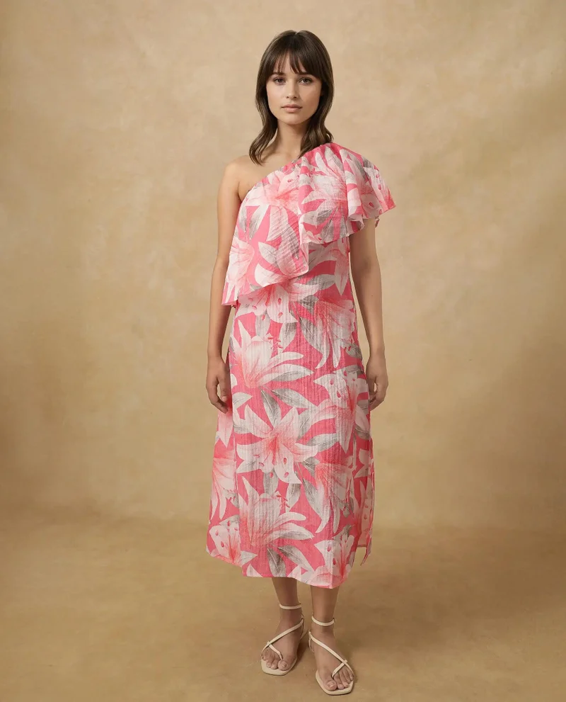 Rareism Women's Floral Print One Shoulder Midi Dress