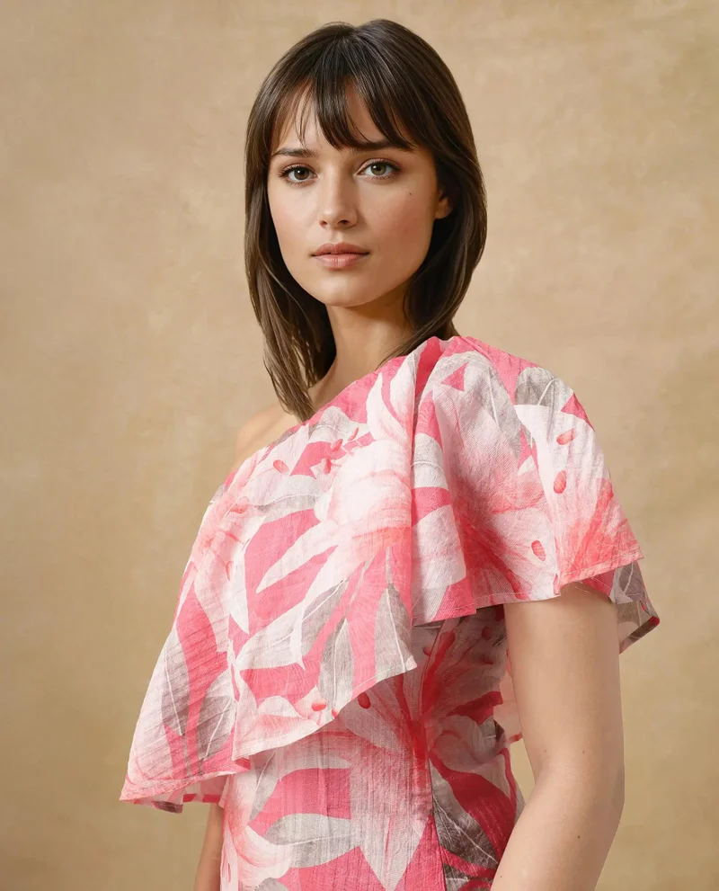 Rareism Women's Floral Print One Shoulder Midi Dress