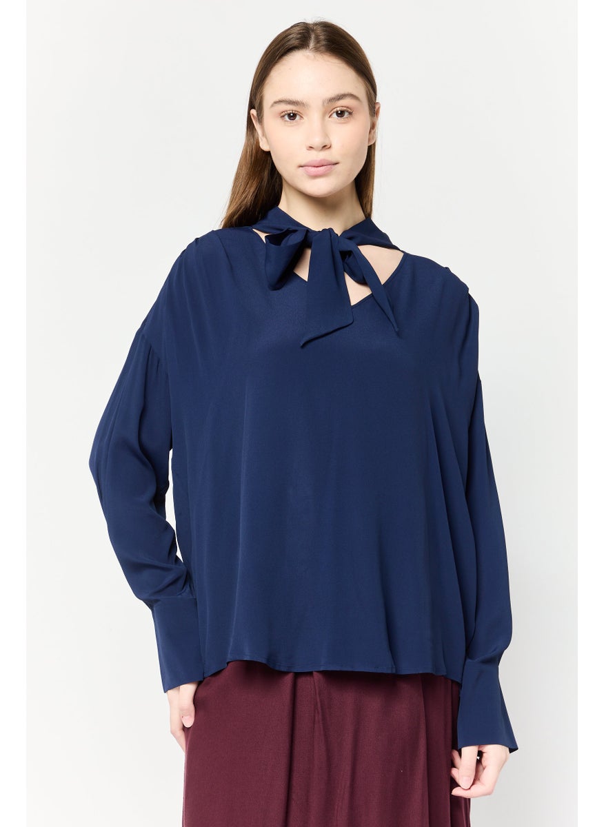 Harmont & Blaine Women V-Neck Plain Top, Navy  - Image 1