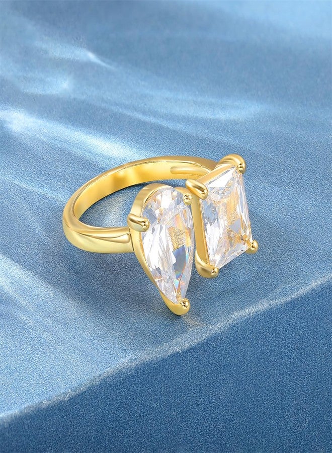 MDFUN 18K Adjustable Eternity Ring for Women Tear Drop/Emerald Cut Cubic Zirconia Open Promise Engagement Wedding Rings Yellow Gold Plated Eternity Rings - Image 4
