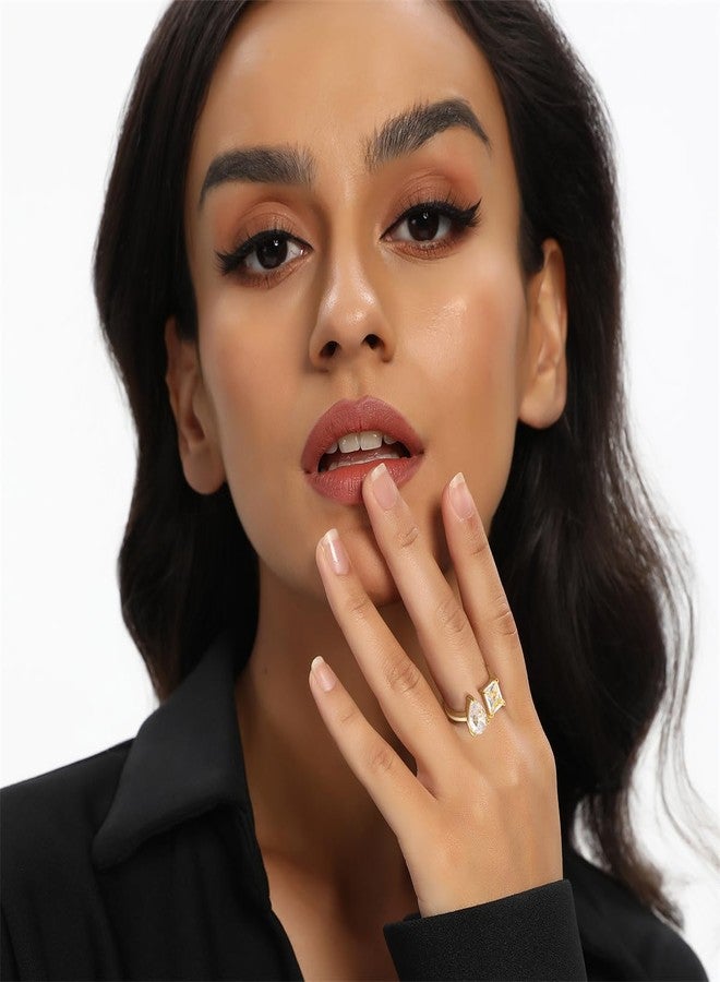 MDFUN 18K Adjustable Eternity Ring for Women Tear Drop/Emerald Cut Cubic Zirconia Open Promise Engagement Wedding Rings Yellow Gold Plated Eternity Rings - Image 2