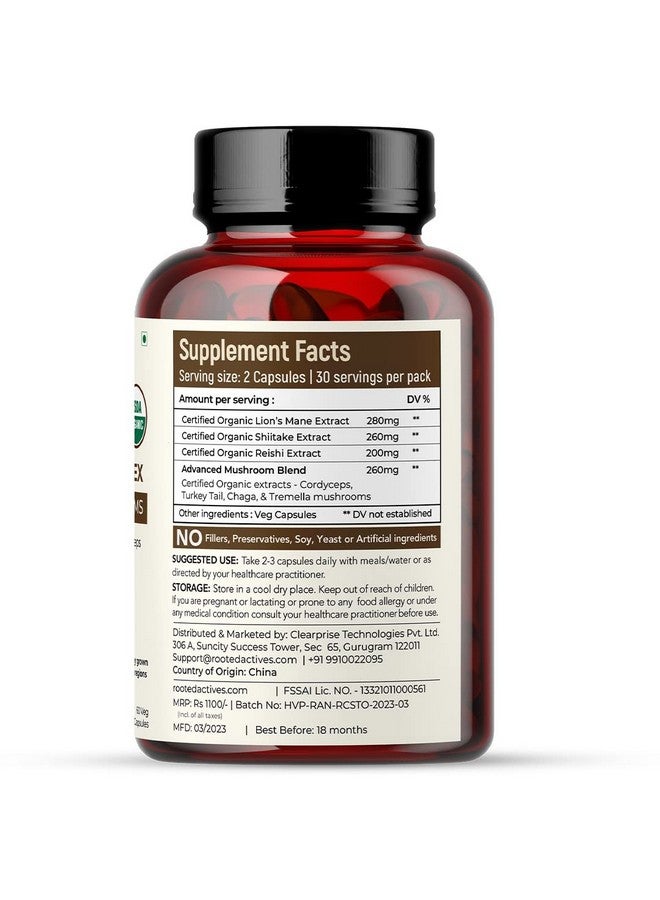 Rooted Mushroom Complex - 7 Mushrooms blend for Heart, Liver, Gut, Energy & Immunity (120 Veg Caps, 500 mg) |USDA organic, > 30% Beta Glucans Pack of - 2 - Image 4