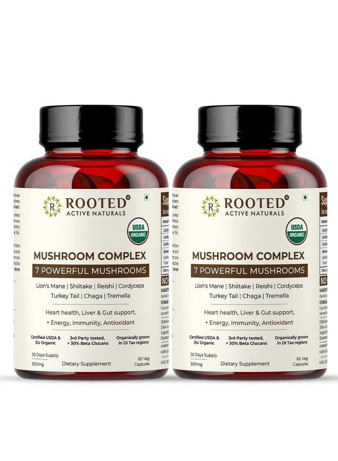 Rooted Mushroom Complex - 7 Mushrooms blend for Heart, Liver, Gut, Energy & Immunity (120 Veg Caps, 500 mg) |USDA organic, > 30% Beta Glucans Pack of - 2 - Image 1