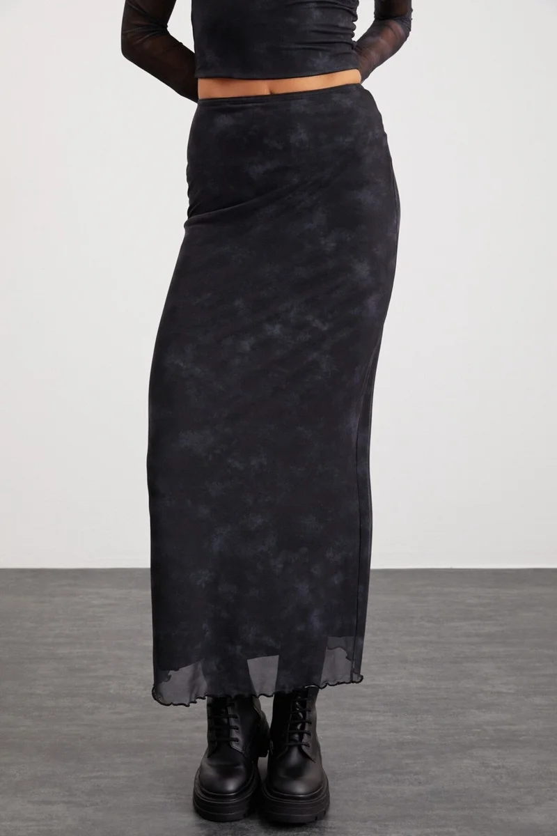 GRIMELANGE Beulah Women's Maxi Waist Elastic Tulle Dark Gray Skirt