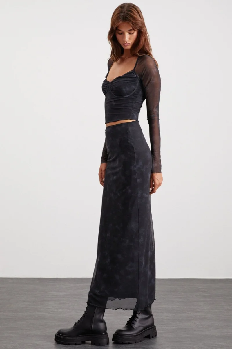 GRIMELANGE Beulah Women's Maxi Waist Elastic Tulle Dark Gray Skirt
