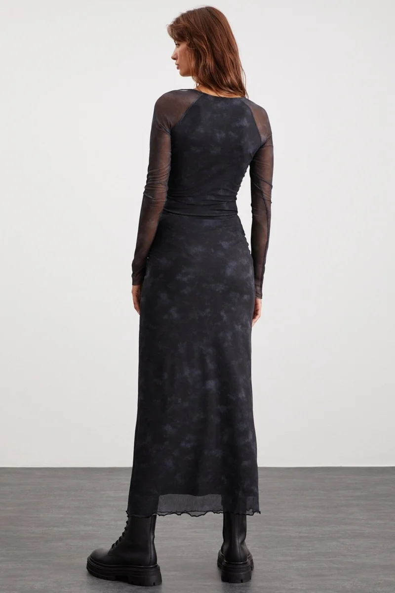 GRIMELANGE Beulah Women's Maxi Waist Elastic Tulle Dark Gray Skirt