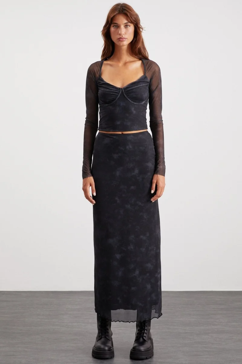 GRIMELANGE Beulah Women's Maxi Waist Elastic Tulle Dark Gray Skirt