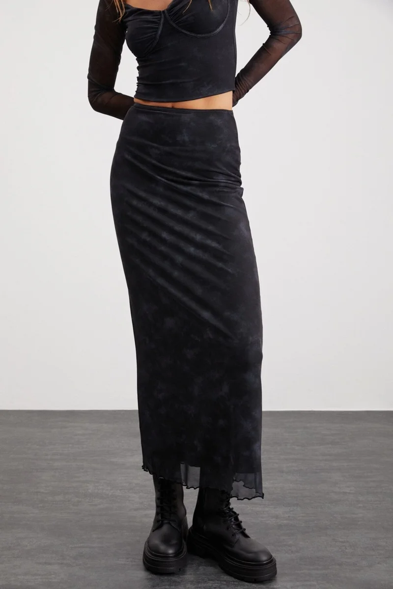 GRIMELANGE Beulah Women's Maxi Waist Elastic Tulle Dark Gray Skirt
