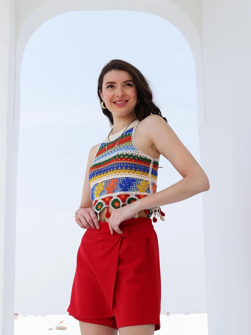 ICW Cotton Women Embroidery Beachwear Halter Neck Sleeveless Knit Boho Crochet Vest Crop Cami Tank Top 158 (Small, Multicoloured), Regular Fit - Image 2