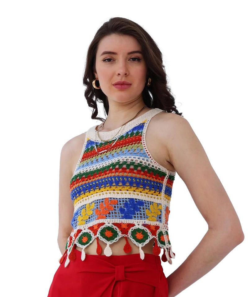 ICW Cotton Women Embroidery Beachwear Halter Neck Sleeveless Knit Boho Crochet Vest Crop Cami Tank Top 158 (Small, Multicoloured), Regular Fit - Image 1
