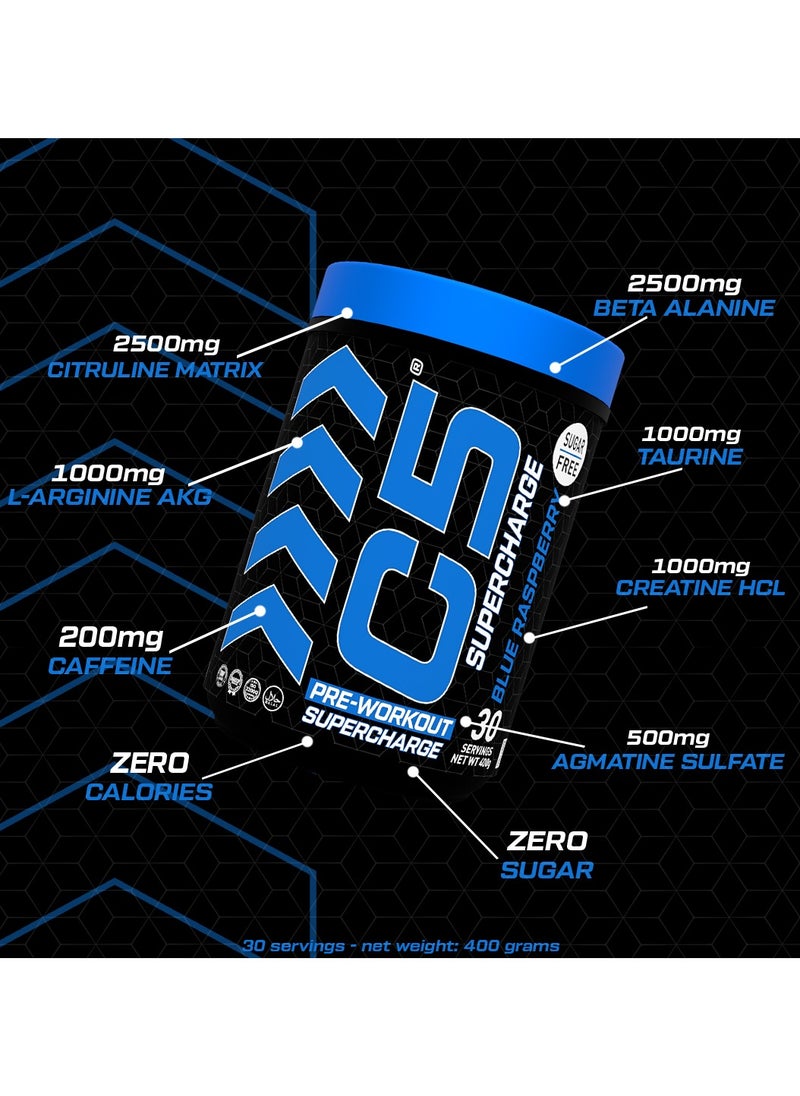 C5 C5 Supercharge Pre Workout Powder Blue Raspberry - 30 Servings, 200mg High Caffeine - Sugar Free -Zero Calories - Beta Alanine - Citrulline Malate, Creatine HCL High-Performance PreWorkout Booster Supplement  - Image 4