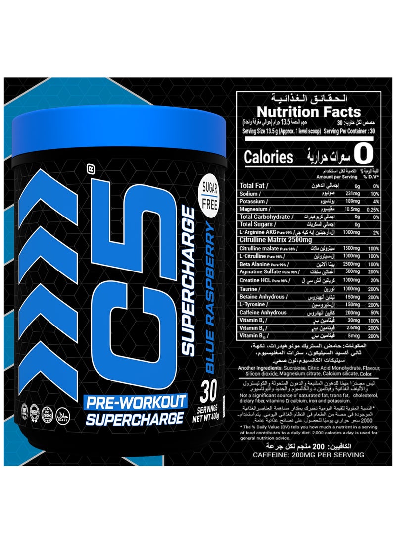 C5 C5 Supercharge Pre Workout Powder Blue Raspberry - 30 Servings, 200mg High Caffeine - Sugar Free -Zero Calories - Beta Alanine - Citrulline Malate, Creatine HCL High-Performance PreWorkout Booster Supplement  - Image 3