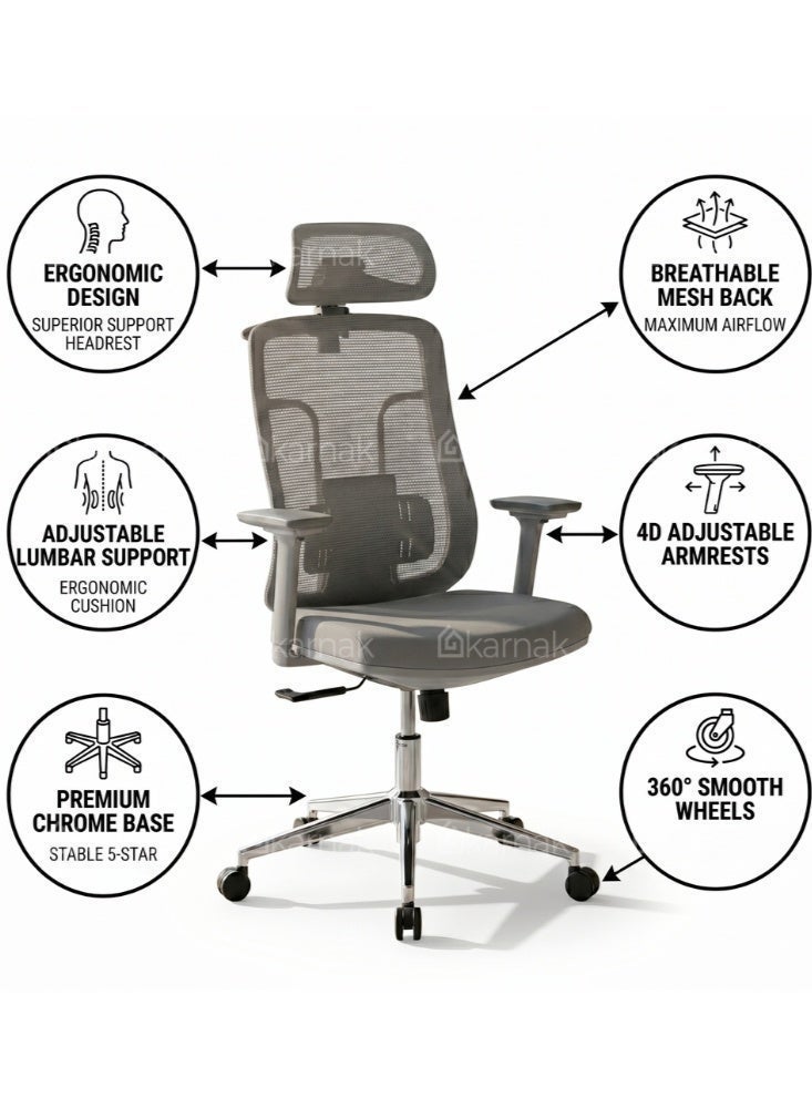 Karnak Firman High Back Office Chair, Height and Headrest Adjustable Desk Chair with Lumbar Support and Wheels for Work, Study and Gaming - Image 4