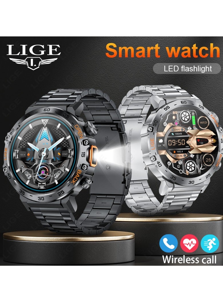 LIGE men's 1.53'' TFT Full Touch Screen Smartwatches Sports Waterproof with LED Flashlight Steel Black  - Image 5