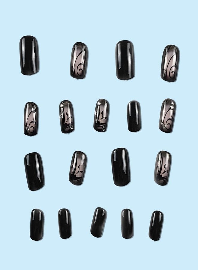 Tresta7 TRESTA Black Press On Nails - Short Square Glossy Artificial Nails with Vine Design | Full Cover Press On Nails for Women & Girls | Summer Acrylic Nail Art Set for Parties - 24 Pcs - Image 3