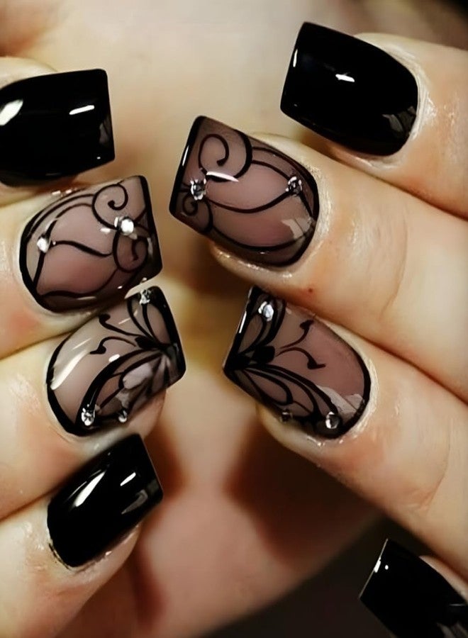 Tresta7 TRESTA Black Press On Nails - Short Square Glossy Artificial Nails with Vine Design | Full Cover Press On Nails for Women & Girls | Summer Acrylic Nail Art Set for Parties - 24 Pcs - Image 2