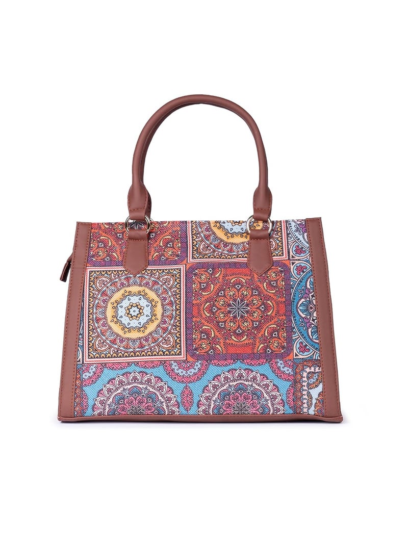 ZOUK Printed Jute Handcrafted Vegan Leather Multicolor Women's Satchel Bag | Ladies Purse Handbag | Double Handle Detachable Strap - Image 4