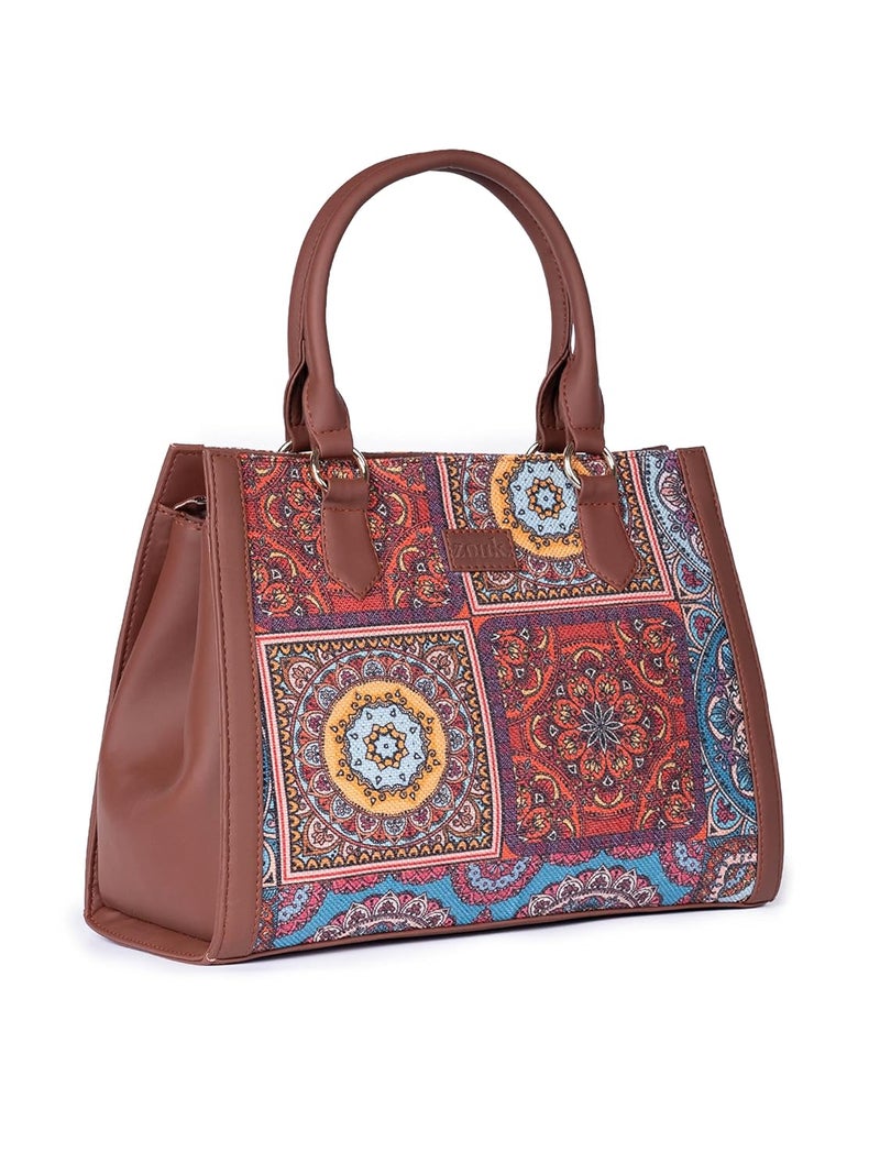 ZOUK Printed Jute Handcrafted Vegan Leather Multicolor Women's Satchel Bag | Ladies Purse Handbag | Double Handle Detachable Strap - Image 5