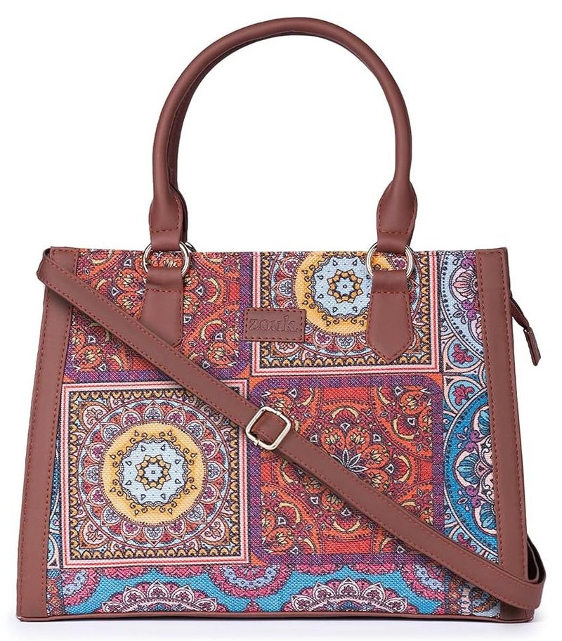 ZOUK Printed Jute Handcrafted Vegan Leather Multicolor Women's Satchel Bag | Ladies Purse Handbag | Double Handle Detachable Strap - Image 1