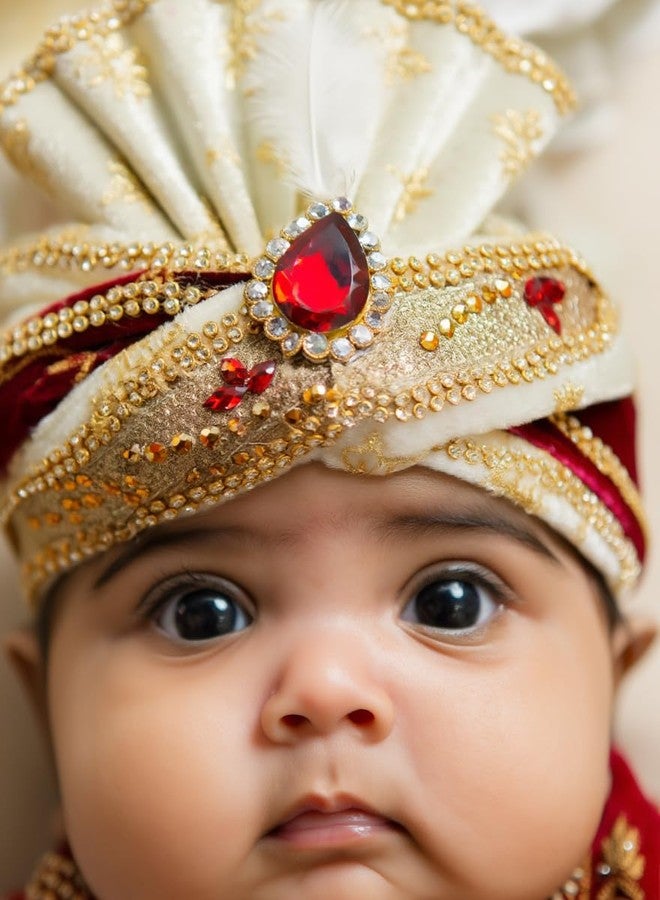 Mithila royal عمامة ميثيلا الملكية للأطفال لحفلات الزفاف | عمامة شاروالا الملكية الجاهزة للأطفال | عمامة هندية تقليدية من 6 أشهر إلى 3 سنوات | إكسسوار احتفالي ومناسبات الزفاف | لون كريمي مع عنابي - Image 5