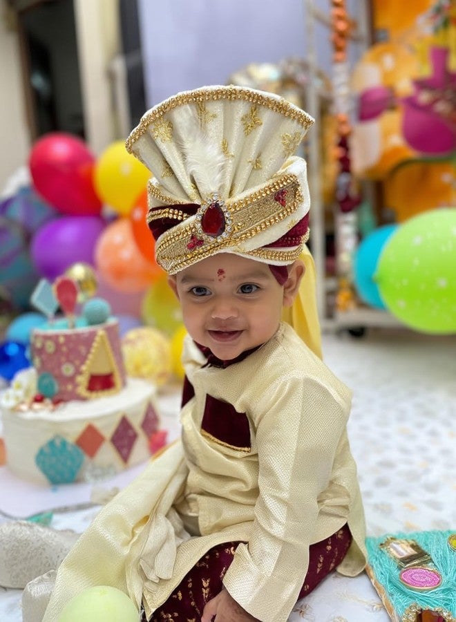 Mithila royal عمامة ميثيلا الملكية للأطفال لحفلات الزفاف | عمامة شاروالا الملكية الجاهزة للأطفال | عمامة هندية تقليدية من 6 أشهر إلى 3 سنوات | إكسسوار احتفالي ومناسبات الزفاف | لون كريمي مع عنابي - Image 3