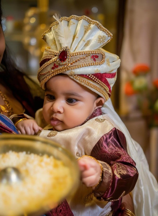 Mithila royal عمامة ميثيلا الملكية للأطفال لحفلات الزفاف | عمامة شاروالا الملكية الجاهزة للأطفال | عمامة هندية تقليدية من 6 أشهر إلى 3 سنوات | إكسسوار احتفالي ومناسبات الزفاف | لون كريمي مع عنابي - Image 4