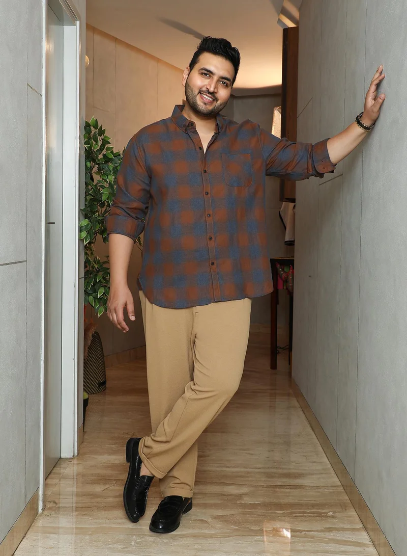 انستافاب بلس Instafab Plus Men's Sienna Brown & Steel Blue Brushing-Checks Regular Shirt | Button-Down Collar , Long Cuffed Sleeves , Button Closure , Curved Hemline | Checks Plain Cotton For Street & Casual Wear