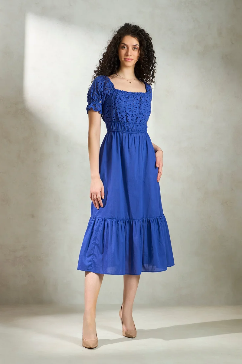 فيرجيو Solid Cotton Schiffli Dress for Women