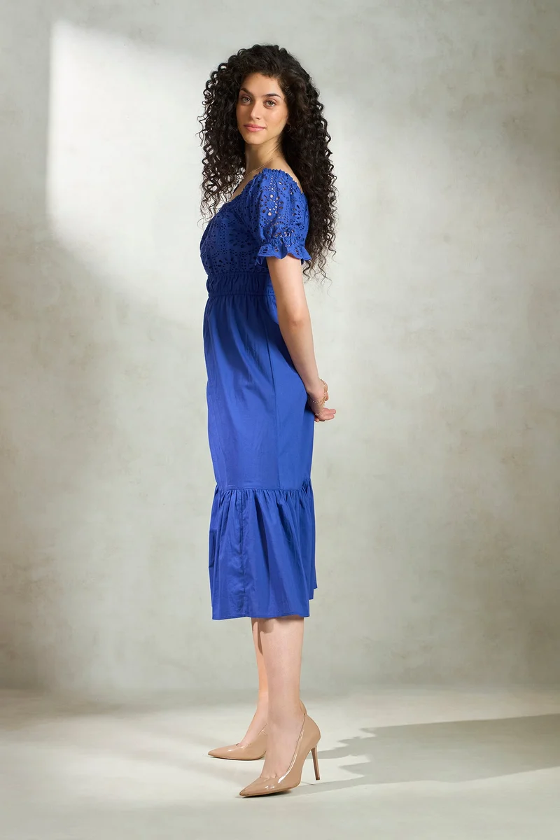 فيرجيو Solid Cotton Schiffli Dress for Women