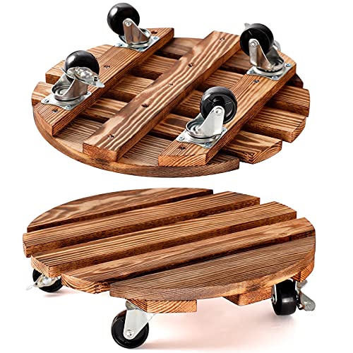 HOHY 2-Pack 12" Plant Caddy Plant Stand with Wheels Heavy Duty Wood Rolling Plant Stand with 2 360° Lockable Wheels,Indoor Outdoor Plant Roller for Large Planters, Flower Pot, Patio - Image 1