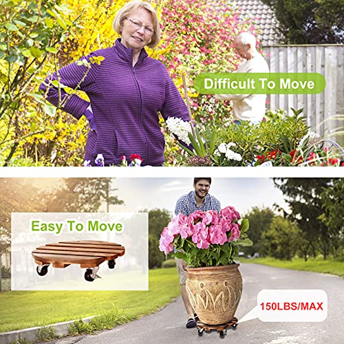 HOHY 2-Pack 12" Plant Caddy Plant Stand with Wheels Heavy Duty Wood Rolling Plant Stand with 2 360° Lockable Wheels,Indoor Outdoor Plant Roller for Large Planters, Flower Pot, Patio - Image 2