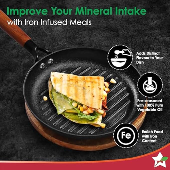 Wonderchef PreSeasoned Ferro Light 24Cm Grill Pan 25Mm  Acacia Wooden Handles  Gravity Moulding Technology  No Chemical Coating 10 Year Warranty - Image 4