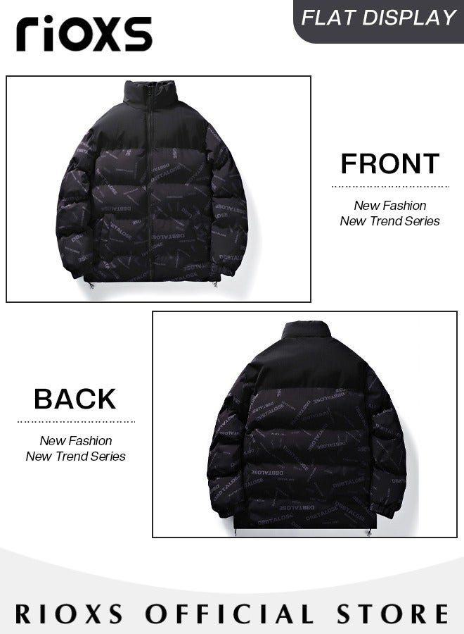 RIOXS Men's Winter Winter Puffer Jacket, Warm Lightweight Down Cotton Jackets, Casual Letters Printing Winter Coats, Windproof Waterproof Puffer Coat with Standing Collar and Slim Fit Outdoor Winter Jacket for Daily Wear, Hiking, Camping, Travel and More - Image 3