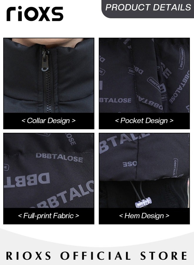 RIOXS Men's Winter Winter Puffer Jacket, Warm Lightweight Down Cotton Jackets, Casual Letters Printing Winter Coats, Windproof Waterproof Puffer Coat with Standing Collar and Slim Fit Outdoor Winter Jacket for Daily Wear, Hiking, Camping, Travel and More - Image 4