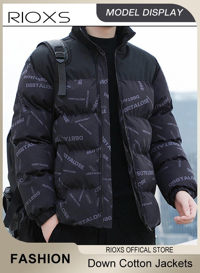 RIOXS Men's Winter Winter Puffer Jacket, Warm Lightweight Down Cotton Jackets, Casual Letters Printing Winter Coats, Windproof Waterproof Puffer Coat with Standing Collar and Slim Fit Outdoor Winter Jacket for Daily Wear, Hiking, Camping, Travel and More - Image 2