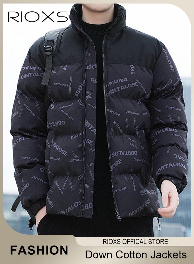 Men's Winter Winter Puffer Jacket, Warm Lightweight Down Cotton Jackets, Casual Letters Printing Winter Coats, Windproof Waterproof Puffer Coat with Standing Collar and Slim Fit Outdoor Winter Jacket for Daily Wear, Hiking, Camping, Travel and More