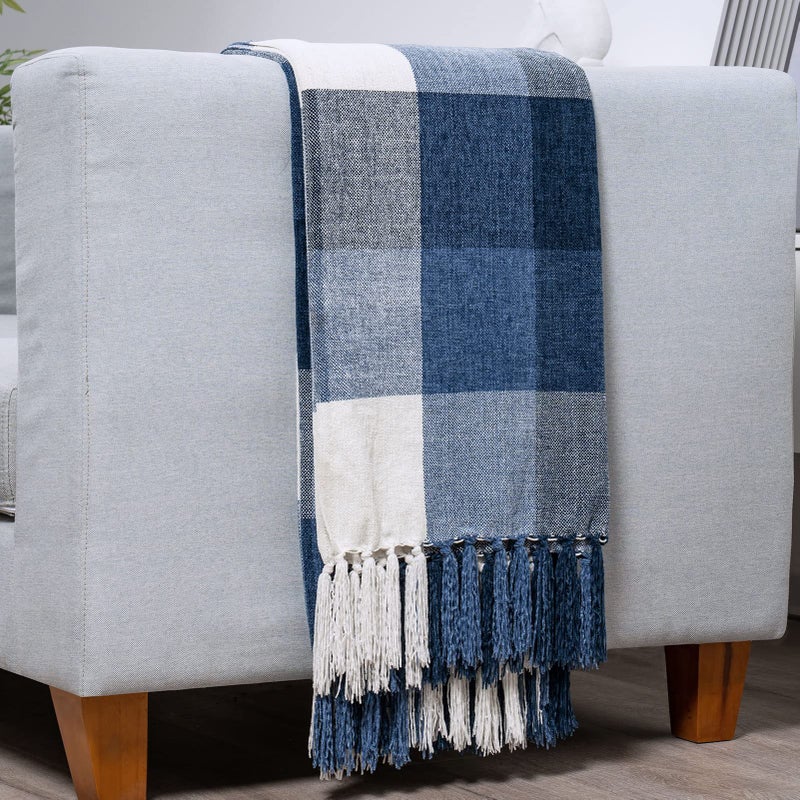 RECYCO Buffalo Paid Chenille Throw Blanket for Couch Soft Cozy Decorative Buffalo Check Blanket Throw with Tassels for Bed Sofa Lightweight Chenille Knitted Throw Plaid Navy Off White 50 x 60