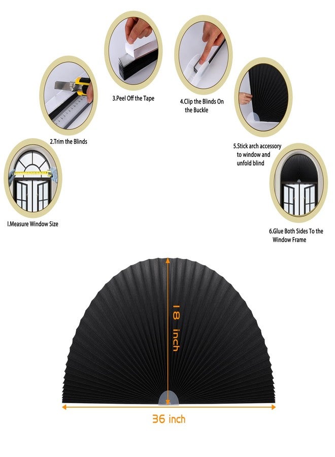 Maritown Arch Window Shade Half Circle Arched Non-Woven Stick on Cut to Size self Adhesive Light Filtering Half Moon Round Window Covering Pleated Blinds for Front Door (1, Black, 36 x 18 Inches) - Image 2