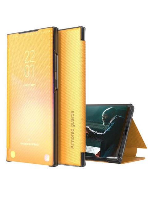 Case Cover For Samsung Galaxy S21 Ultra 5G Carbon Fiber Texture View Time Horizontal Flip Leather Case with Holder & Touch Call Display ID (Yellow)