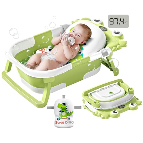 WyfKyd Collapsible Baby Bathtub for Newborns to Toddler with Realtime Temp Monitor Floating CushionPortable Travel Tub for 036 Month Foldable Baby Bath Tub for InfantsGreen - Image 1