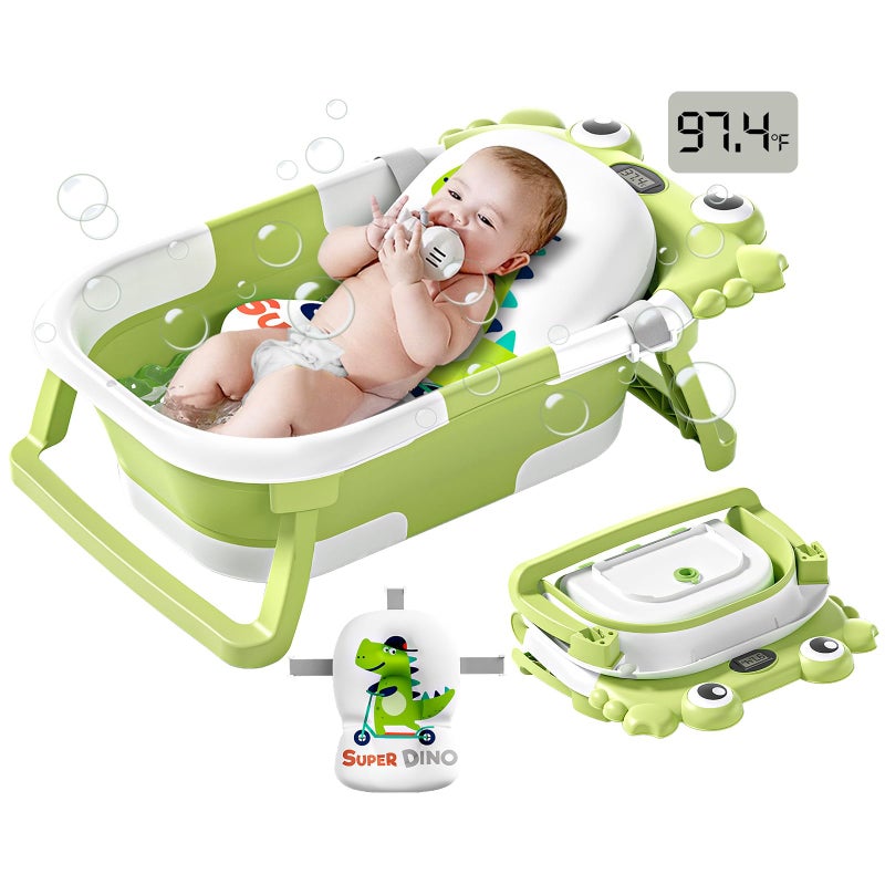 WyfKyd Collapsible Baby Bathtub for Newborns to Toddler with Realtime Temp Monitor Floating CushionPortable Travel Tub for 036 Month Foldable Baby Bath Tub for InfantsGreen - Image 2