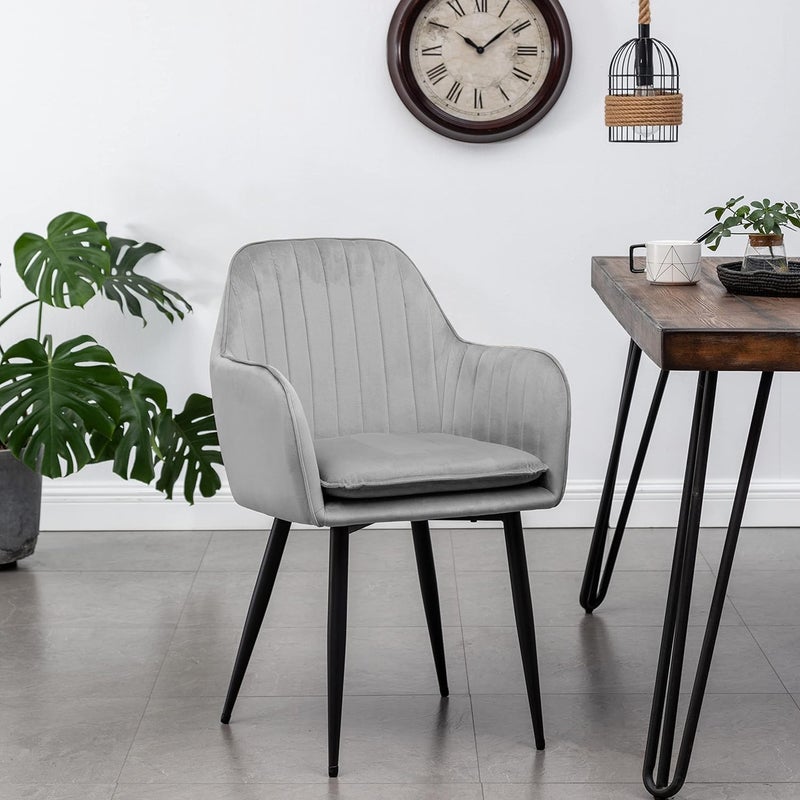 Finch Fox Finch Fox United Quilted Unique Velvet Armchair with Armrest Backrest Upholstered Seat Cover Living Room Dining Chair with Black Metal Legs in Light Grey Color