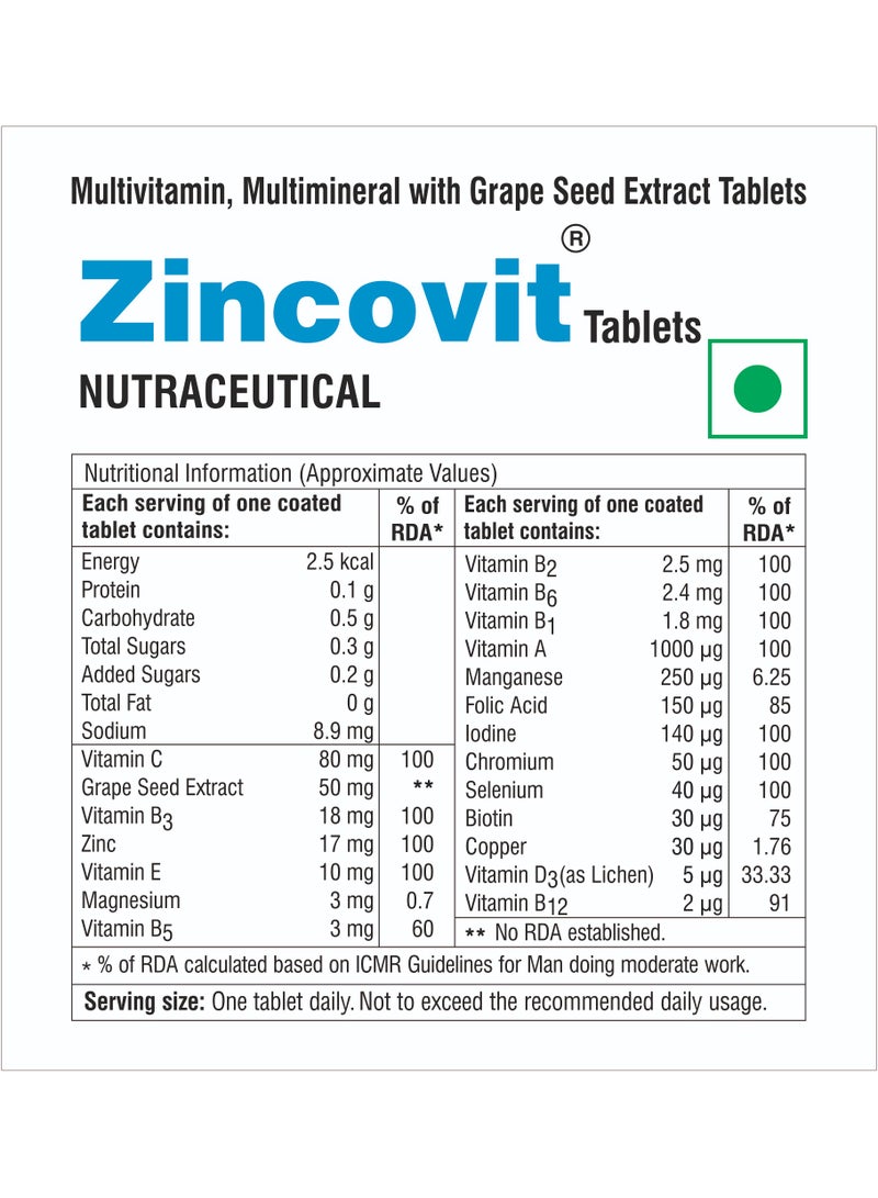 APEX Zincovit Tablets - High Potency Multivitamin & Multimineral Supplement with Zinc, Selenium, Vitamins A, D, E, C, B, Magnesium, and Copper for Immune Support and Overall Wellness - 30 Tablets - Image 2