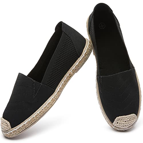 Eydram Women's Flats Shoes,Breathable Black Espadrilles Flats,Black and White Slip on Shoes,Lightweight and Soft(Black.US6) - Image 1
