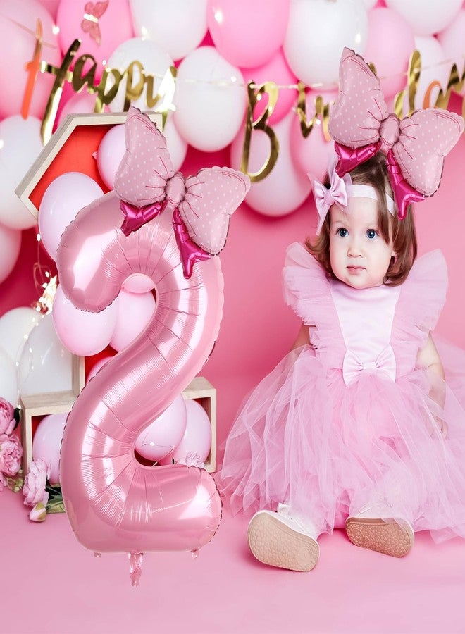 LEBERY Pink Bow Balloons 40 Inch Pink Number 2 Balloon Jumbo Number 2 Birthday Balloons for Girls, Mini Bowtie Foil Balloon for Princess Cowgirl Mouse Themed 2nd Birthday Baby Shower Decorations - Image 2