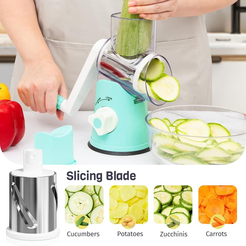 Nexsujo Rotary Cheese Grater Hand Crank, 3 Blades Slicer Shredder, Cheese Grater for Kitchen, Multi-Functional Kitchen Tool for Vegetables, Nuts, Chocolate, with Strong Suction Base, Blue - Image 3