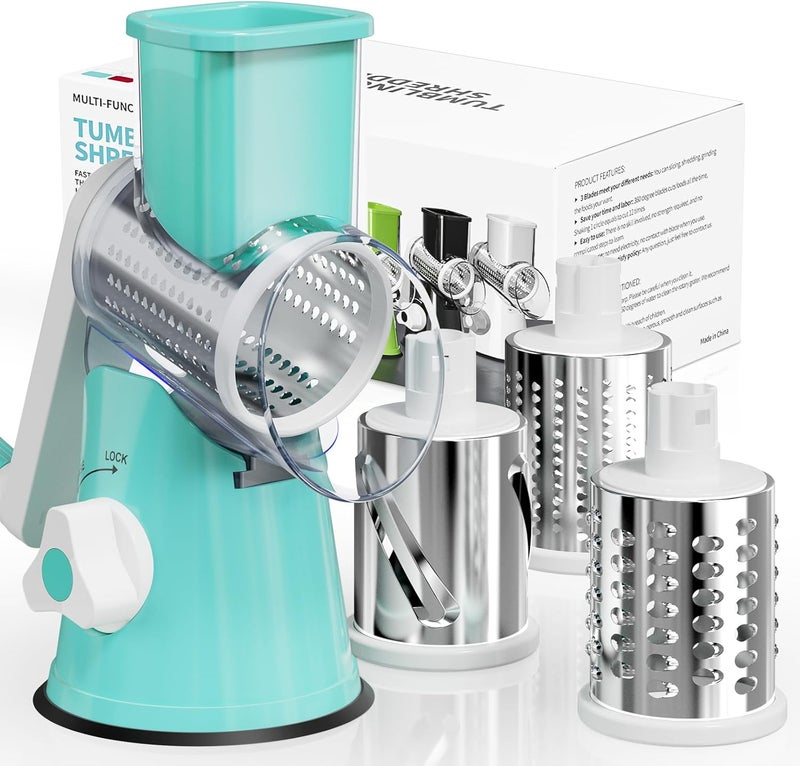 Nexsujo Rotary Cheese Grater Hand Crank, 3 Blades Slicer Shredder, Cheese Grater for Kitchen, Multi-Functional Kitchen Tool for Vegetables, Nuts, Chocolate, with Strong Suction Base, Blue - Image 1