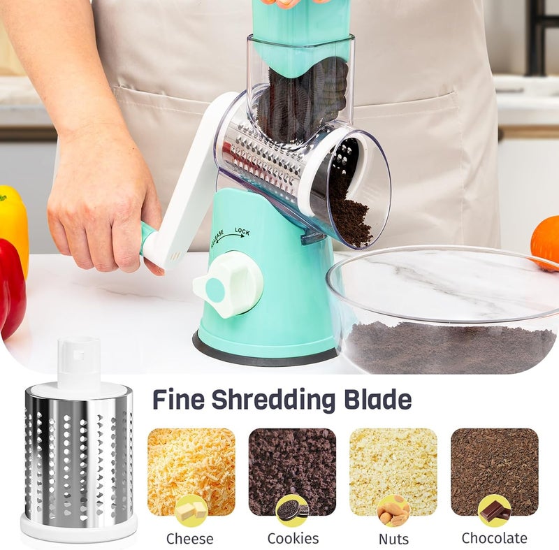 Nexsujo Rotary Cheese Grater Hand Crank, 3 Blades Slicer Shredder, Cheese Grater for Kitchen, Multi-Functional Kitchen Tool for Vegetables, Nuts, Chocolate, with Strong Suction Base, Blue - Image 5
