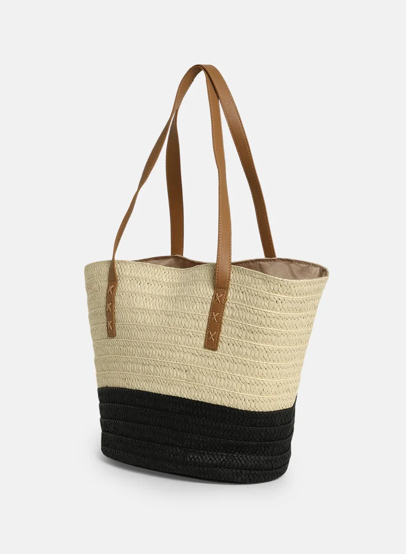 Haute Sauce Colour block Zip Lock Regular Jute Hand Bag For Women